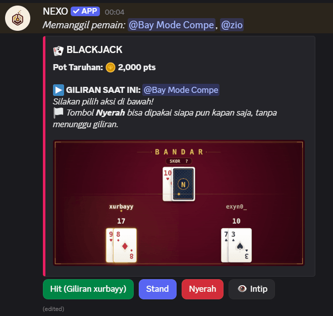 Contoh game Blackjack di NEXO Games: pot taruhan, papan kartu, dan tombol aksi Hit/Stand
