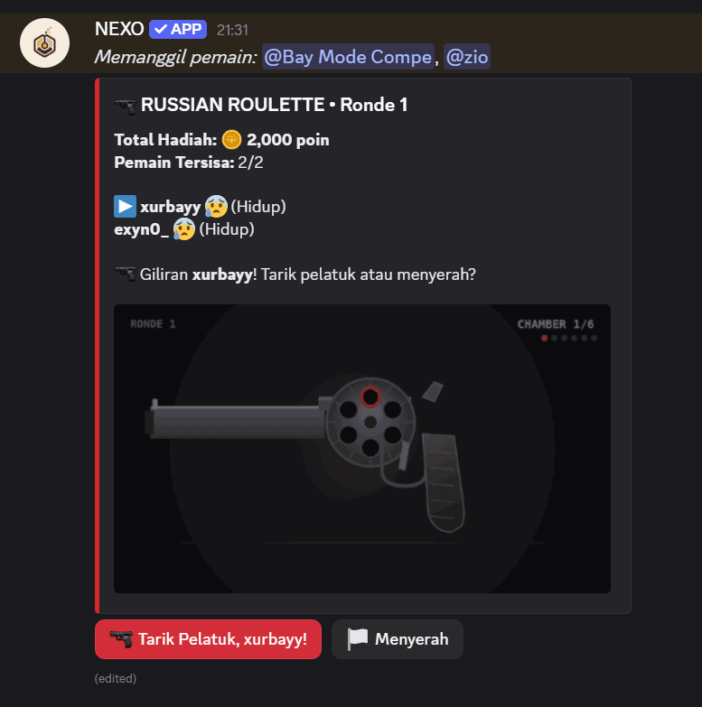 Contoh game Russian Roulette di NEXO Games: ronde, total hadiah, dan papan pelatuk